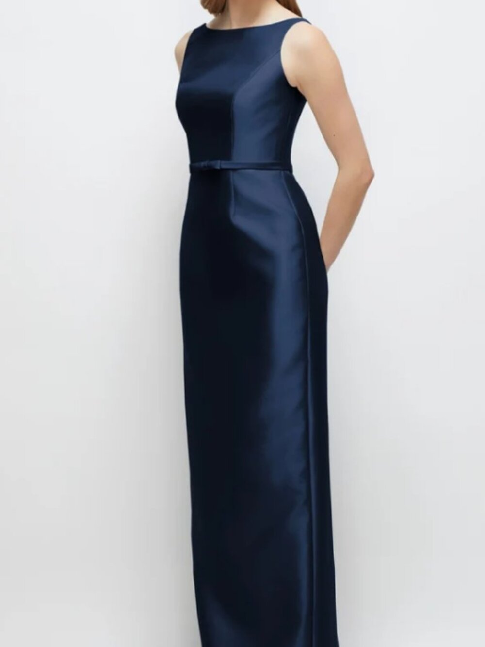 Bateau Neck Satin Column Dress with Bow-Trimmed Skinny Belt